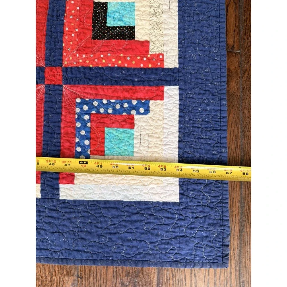 Handmade Log Cabin Patchwork Quilt 57.5x57 Chicken Backing Red Blue Throw